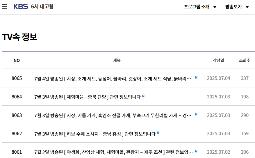 6시 내고향 TV 속 정보